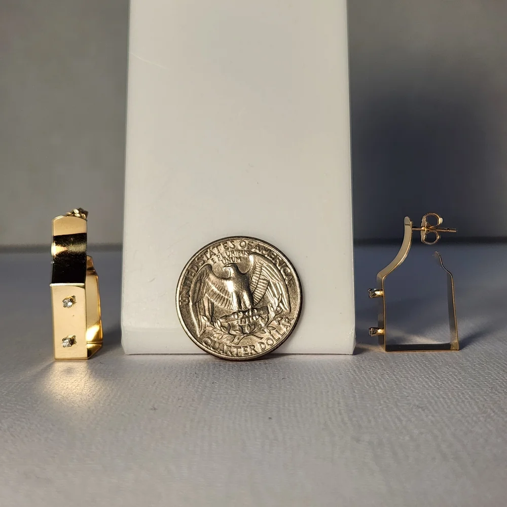Very VTG Italian 80s 14K Gold Modernist Geometric Hoop & Diamond Earrings 3.30g - Picture 16 of 16